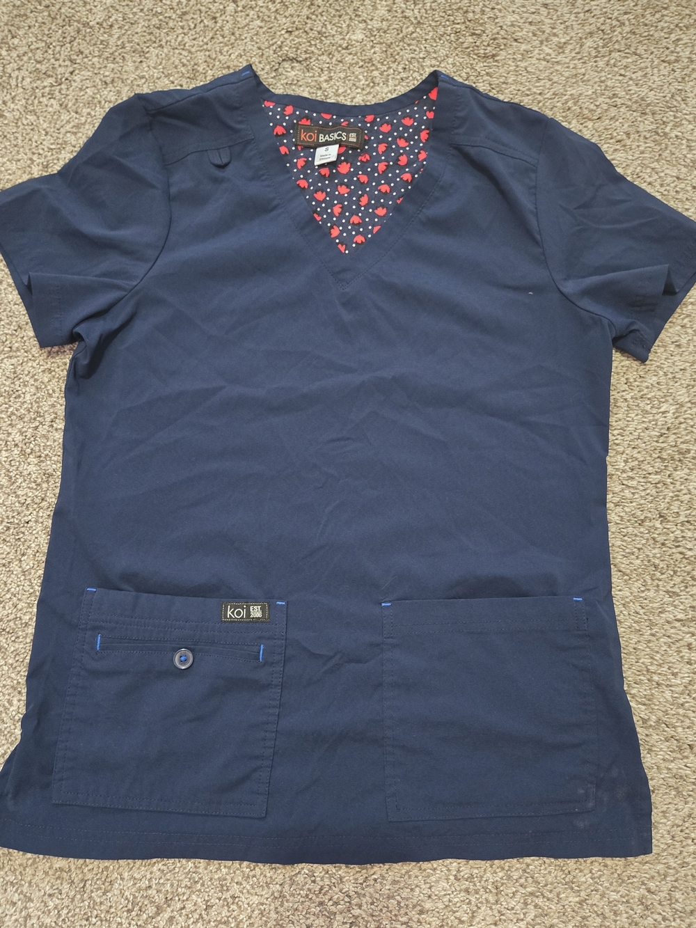 koi Basics Navy Blue V-Neck Scrub Top with Red Heart Print Trim